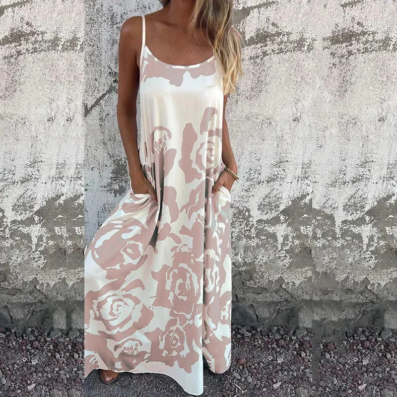 Fashion Floral Print Women's O-neck Hollow Sleeveless Holiday Casual Pocket Beach Long Floral 2024 Dress