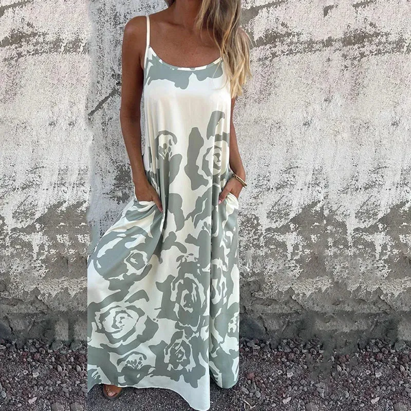 Fashion Floral Print Women's O-neck Hollow Sleeveless Holiday Casual Pocket Beach Long Floral 2024 Dress