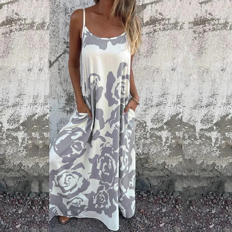 Fashion Floral Print Women's O-neck Hollow Sleeveless Holiday Casual Pocket Beach Long Floral 2024 Dress