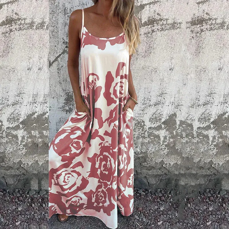 Fashion Floral Print Women's O-neck Hollow Sleeveless Holiday Casual Pocket Beach Long Floral 2024 Dress