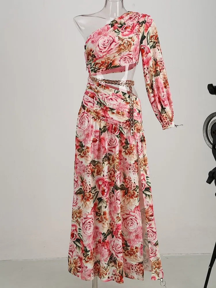 Floral Chain Belt Maxi Dress