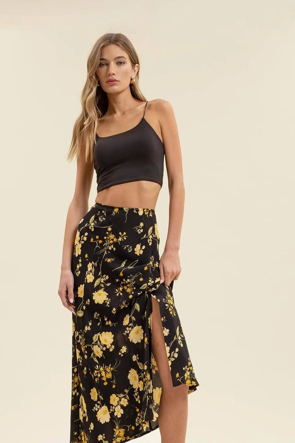 FLORAL HIGH WAIST SIDE SLIT BIAS MIDI SKIRT