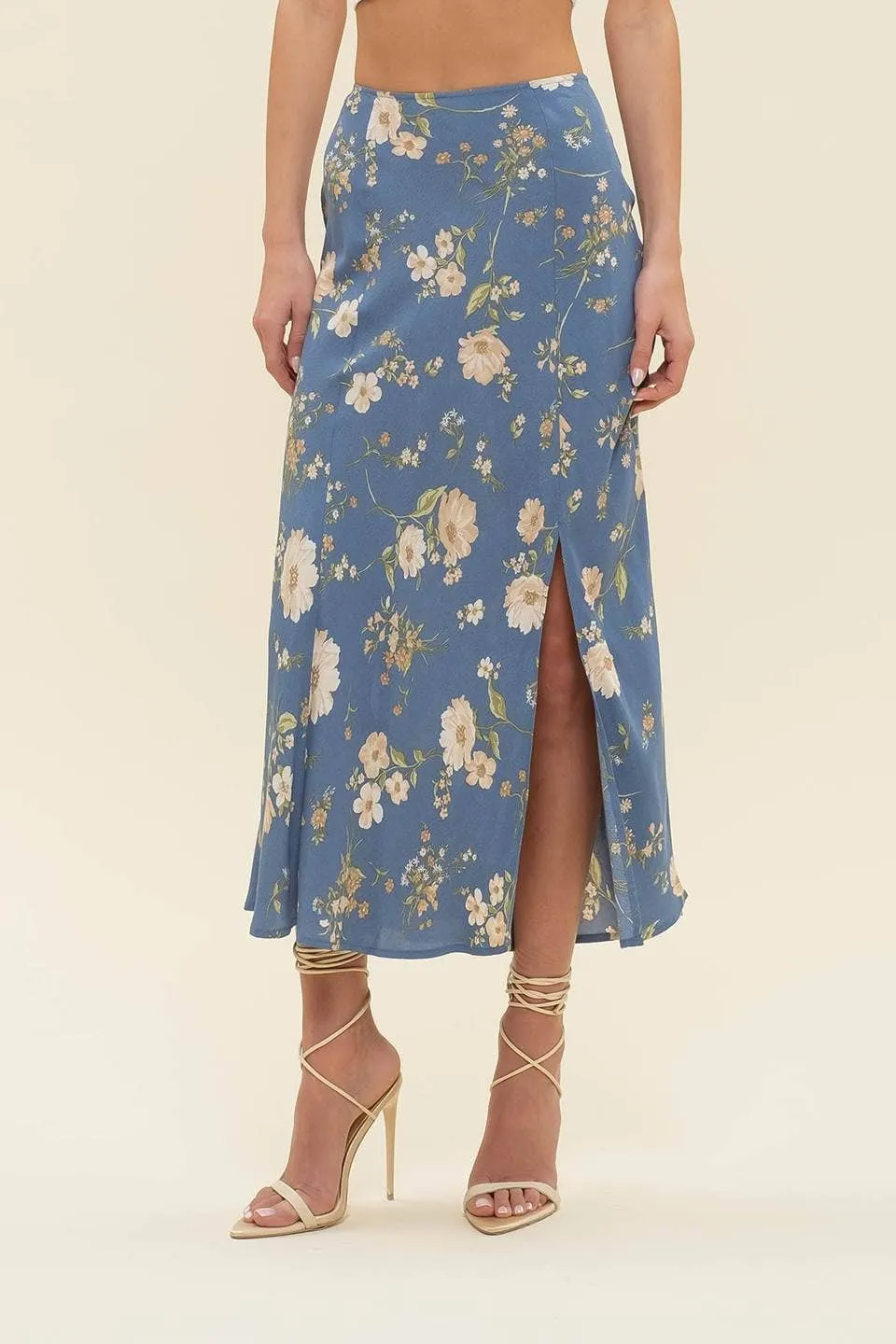 FLORAL HIGH WAIST SIDE SLIT BIAS MIDI SKIRT