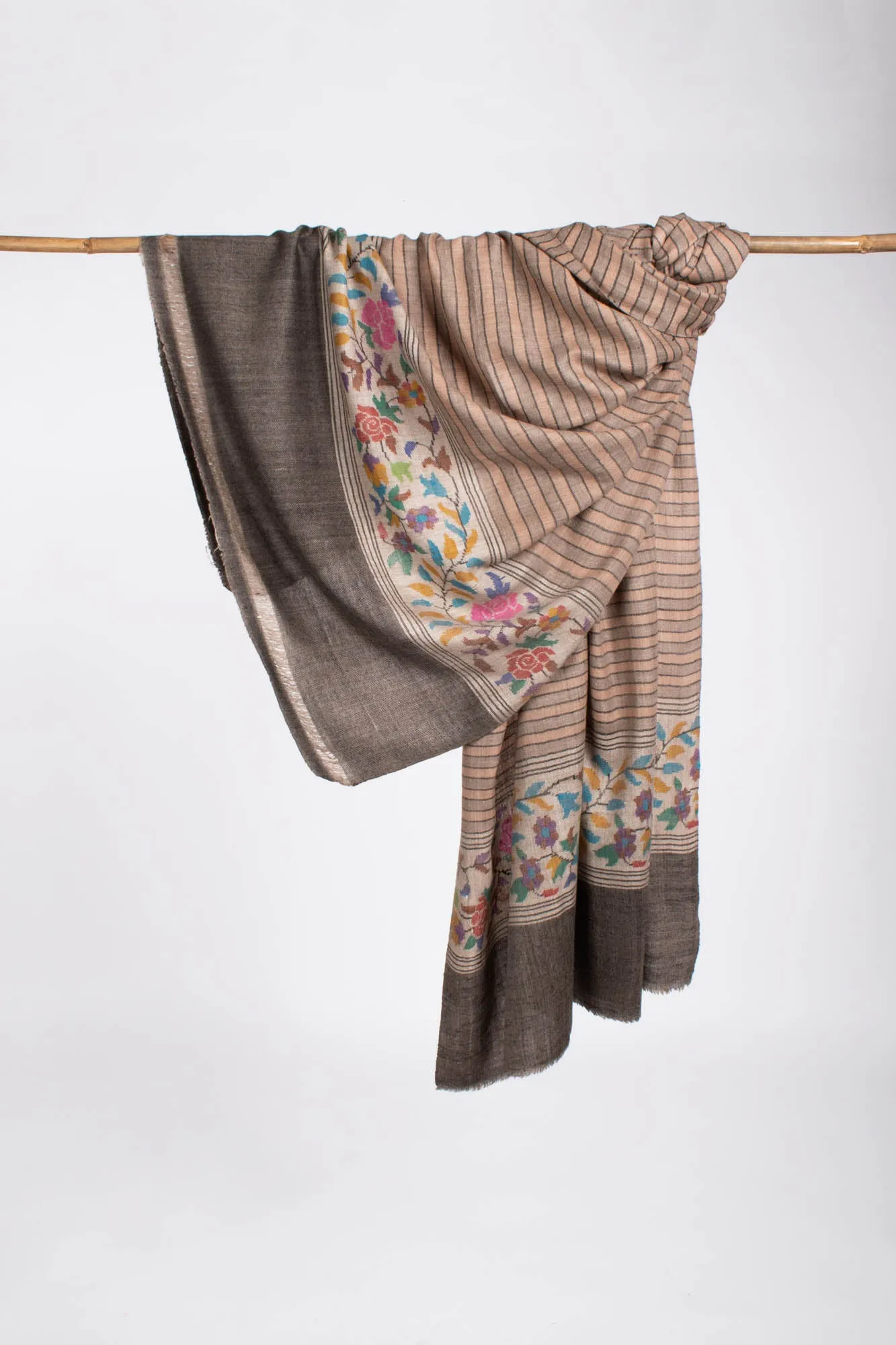 Floral Kani Pashmina Shawl with Stripes - GLOBE