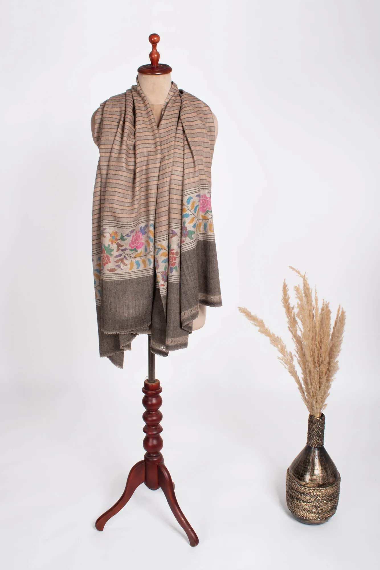 Floral Kani Pashmina Shawl with Stripes - GLOBE