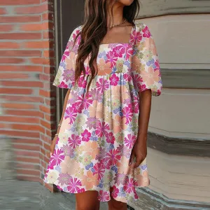 Floral New Casual High Waist Pleated Summer Square Dress