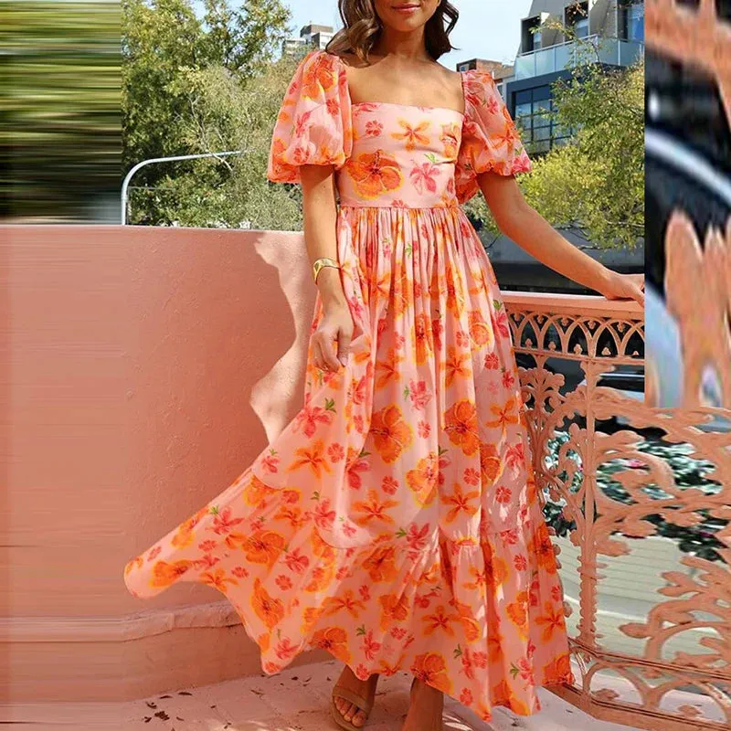 Floral Print High Waisted New 2024 Fashion Square Neck Pleated Holiday Women Casual Puff Sleeve Party Floral Elegant Dress