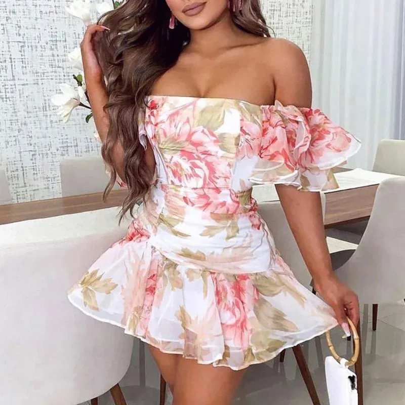 Floral Print Slim Club Party Fashion Slash Neck Ruffled Mini Summer Short Sleeved Draped Short Floral White Dress