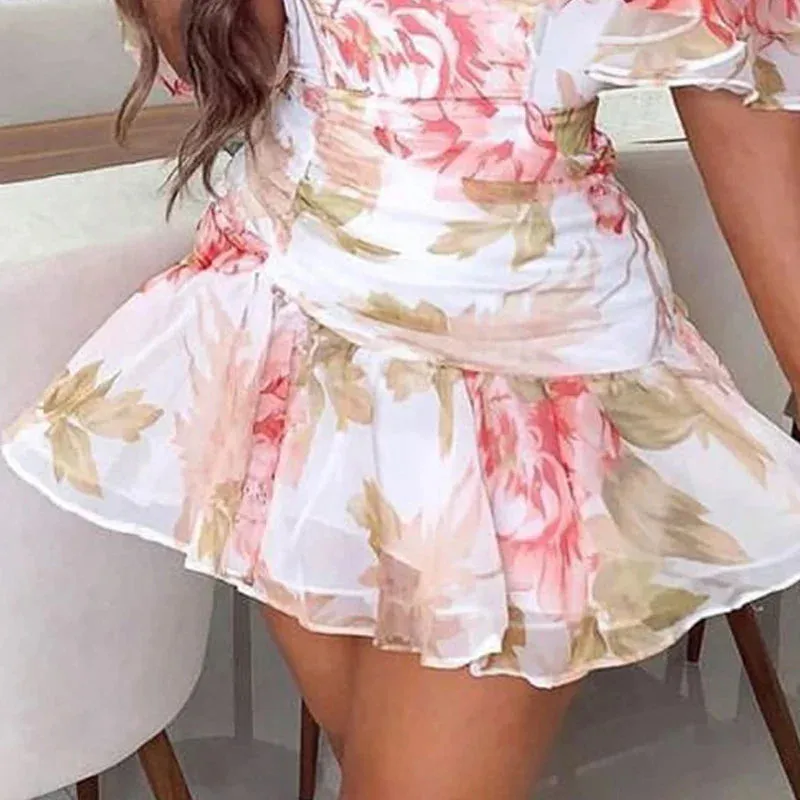 Floral Print Slim Club Party Fashion Slash Neck Ruffled Mini Summer Short Sleeved Draped Short Floral White Dress