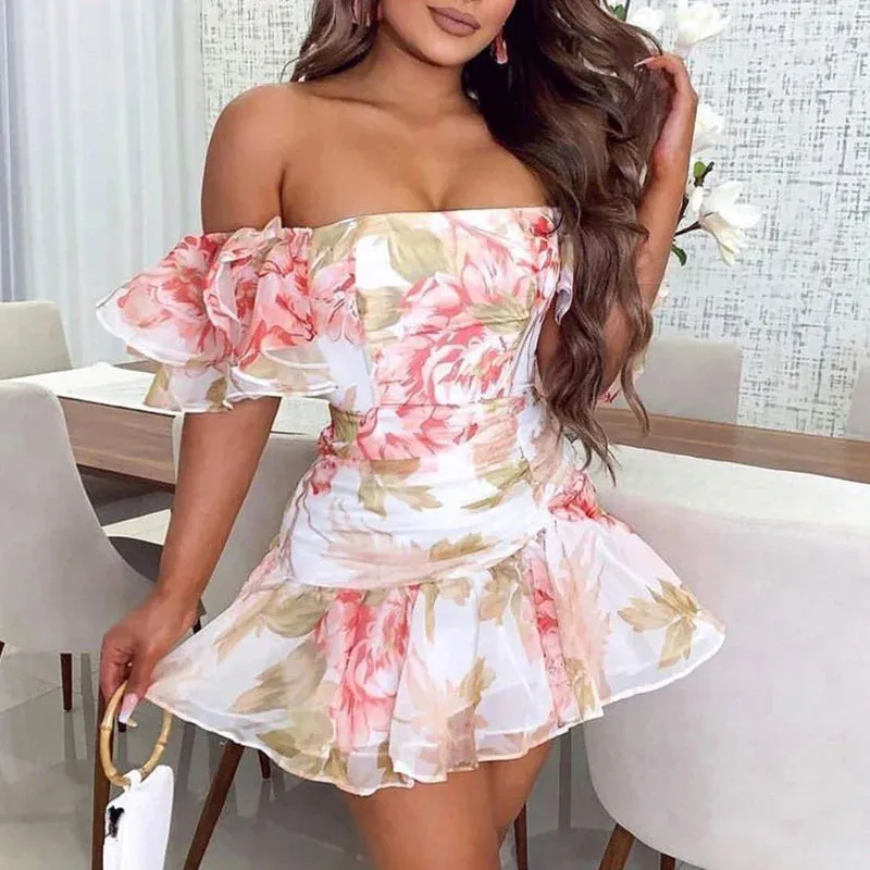 Floral Print Slim Club Party Fashion Slash Neck Ruffled Mini Summer Short Sleeved Draped Short Floral White Dress