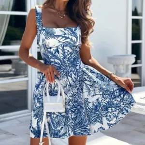 Floral Print Waist A-line Summer Hollow Sleeveless Spaghetti Strap Women Casual Bohemian Holiday Mini Floral Fashion Dress