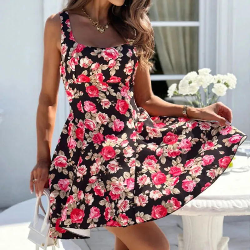 Floral Print Waist A-line Summer Hollow Sleeveless Spaghetti Strap Women Casual Bohemian Holiday Mini Floral Fashion Dress