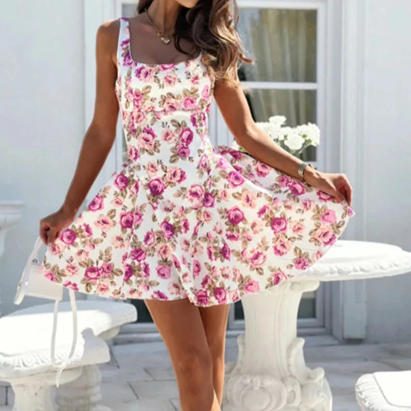 Floral Print Waist A-line Summer Hollow Sleeveless Spaghetti Strap Women Casual Bohemian Holiday Mini Floral Fashion Dress