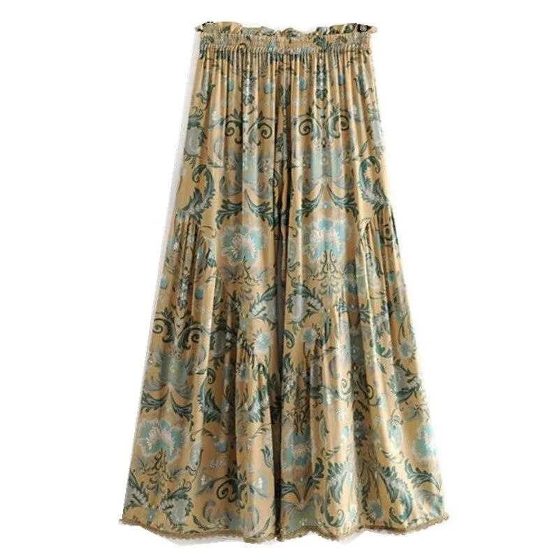 Floral Print Wide leg Pants Holiday Women Ruffles Elastic Waist