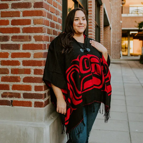 Formline black and red hooded poncho / wrap by Haida artist Ernest Swanson