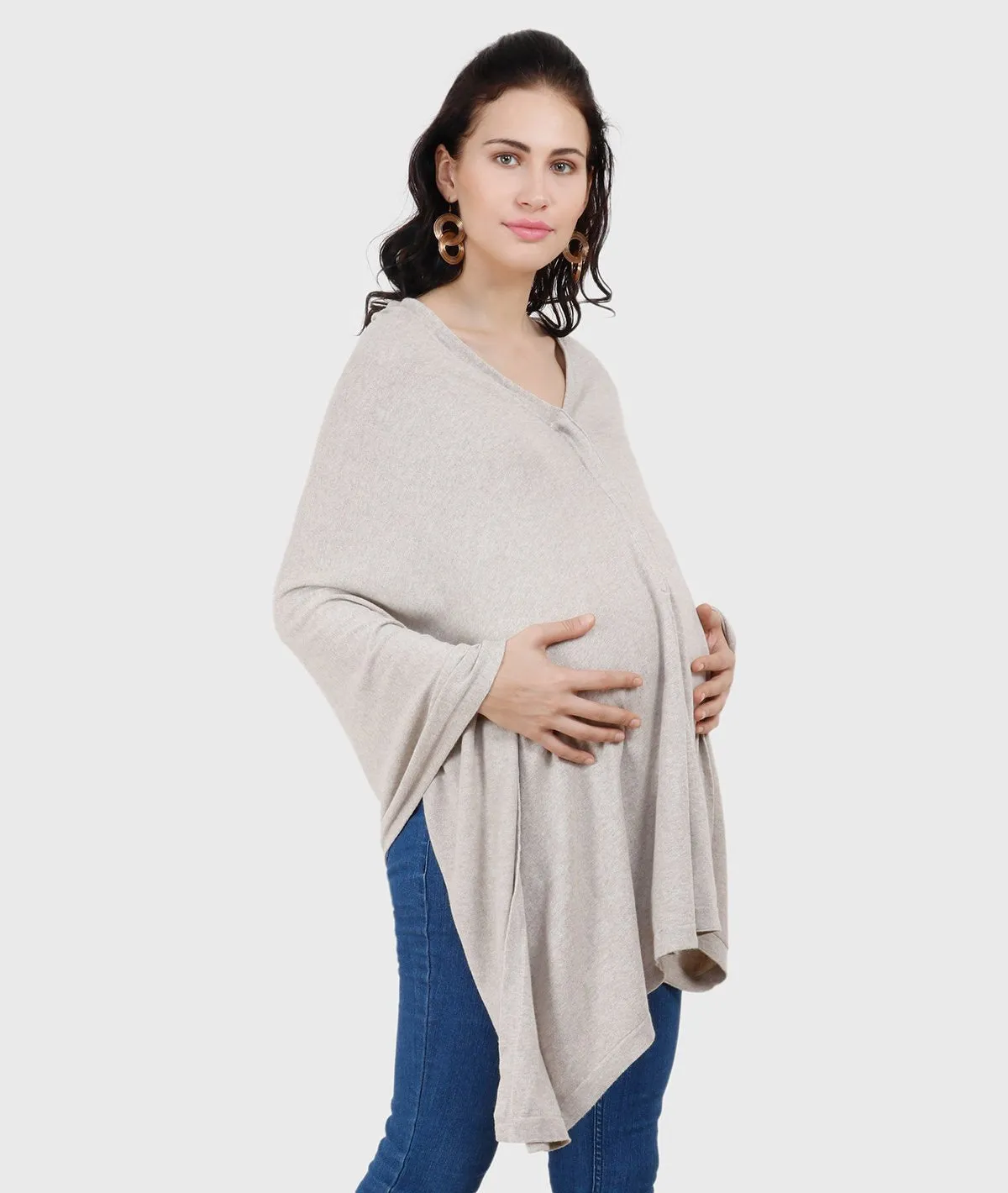 Frida - Vanilla Grey Cotton Knitted Fashion Cum Nursing Poncho