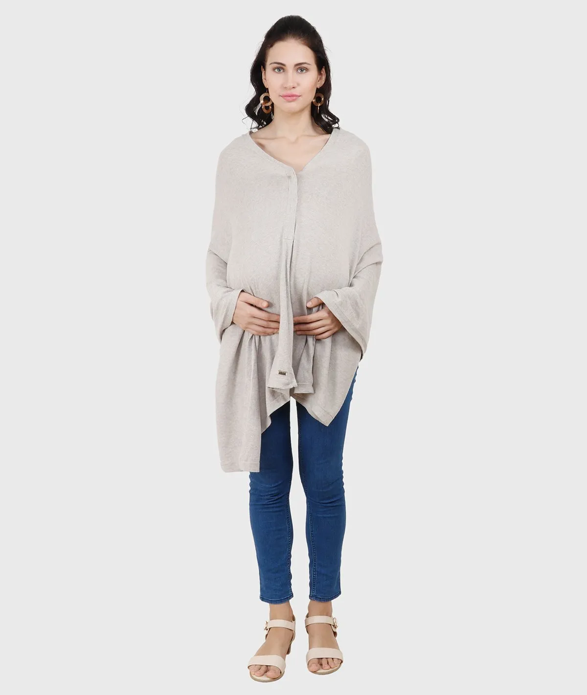 Frida - Vanilla Grey Cotton Knitted Fashion Cum Nursing Poncho