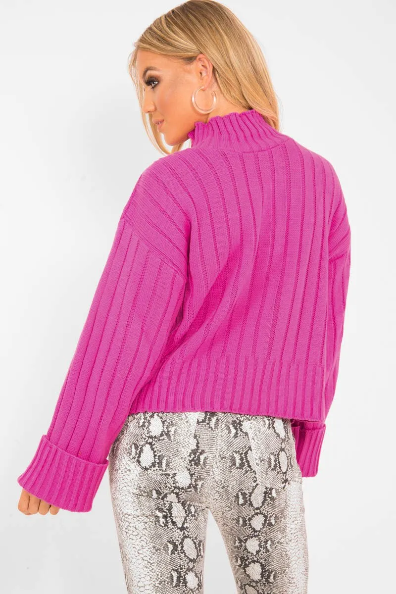 Fuchsia Knit High Neck Jumper - Jaelynn