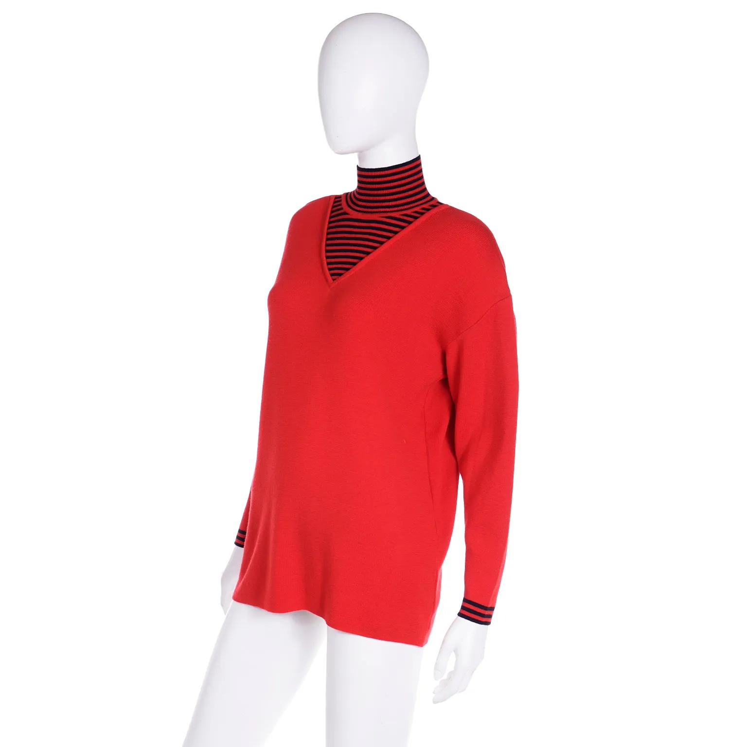 F/W 1993 Red Sweater with striped t neck and cuffs 100% Merino wool