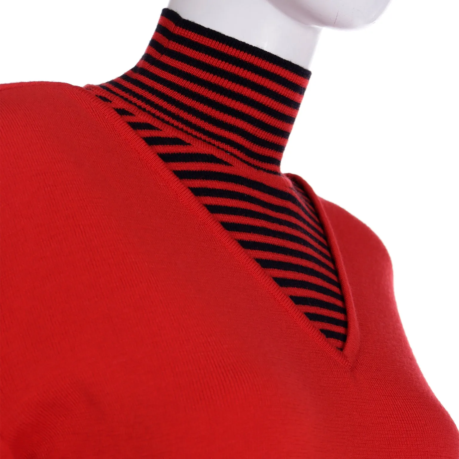 F/W 1993 Red Sweater with striped t neck and cuffs 100% Merino wool