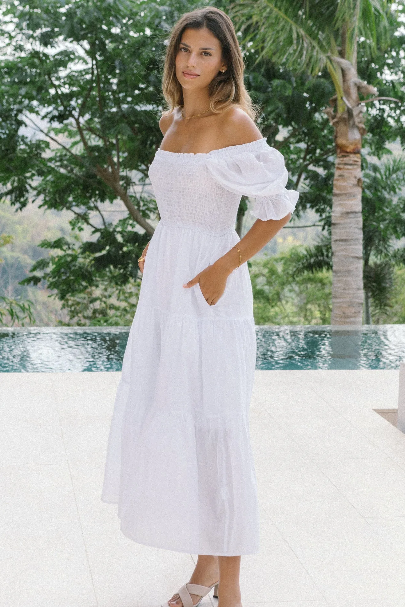 Gabrielle White Puff Sleeve Tiered Midi Dress