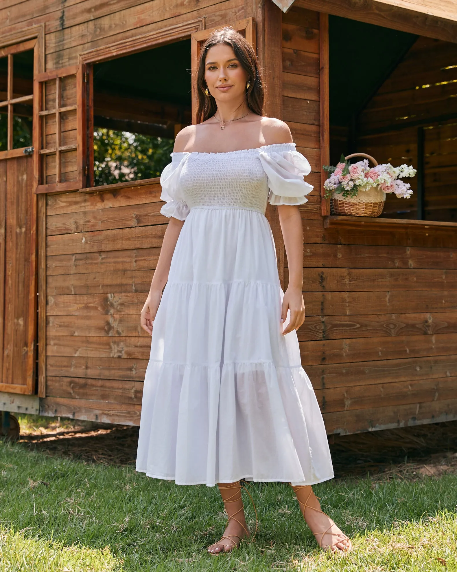 Gabrielle White Puff Sleeve Tiered Midi Dress