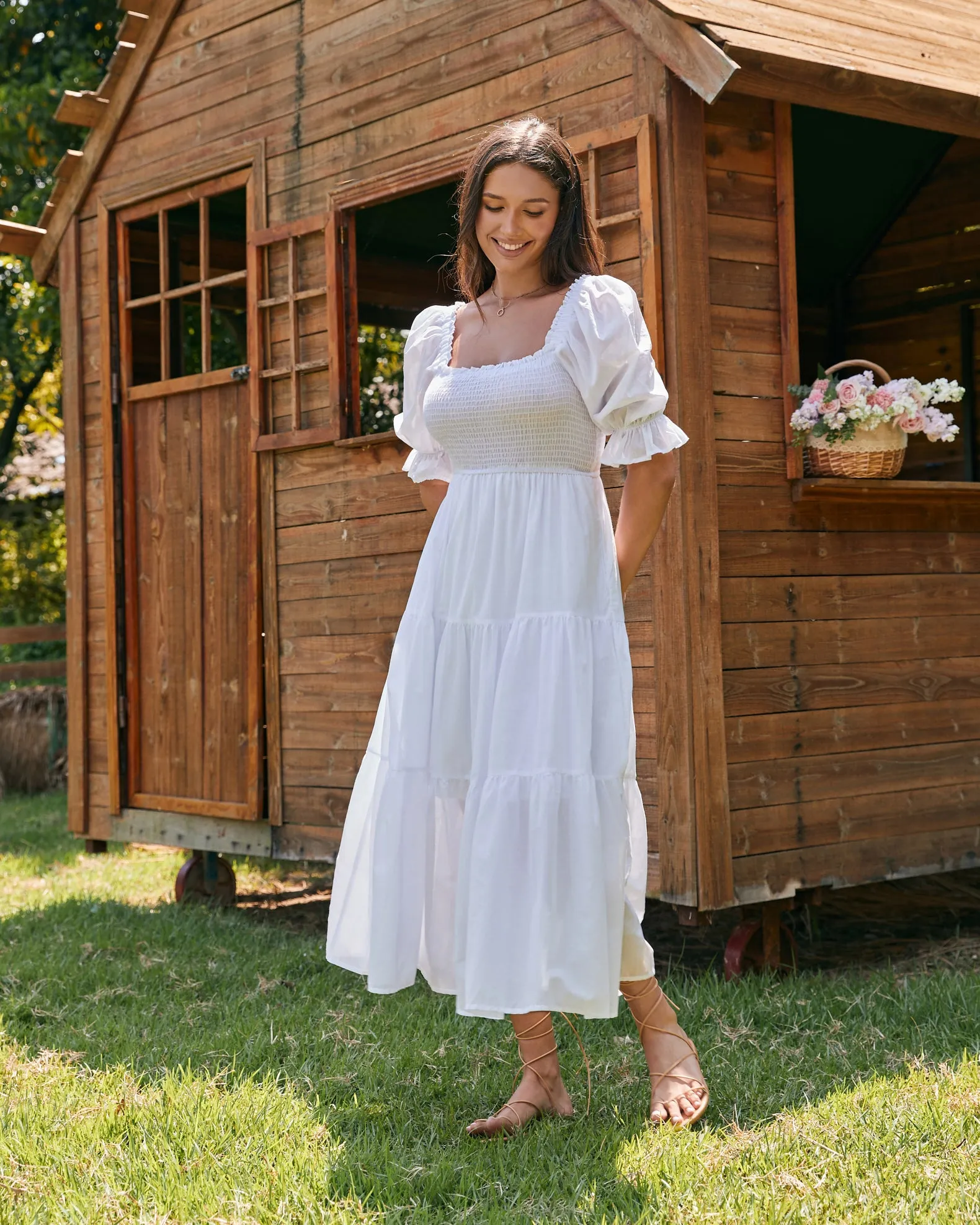 Gabrielle White Puff Sleeve Tiered Midi Dress