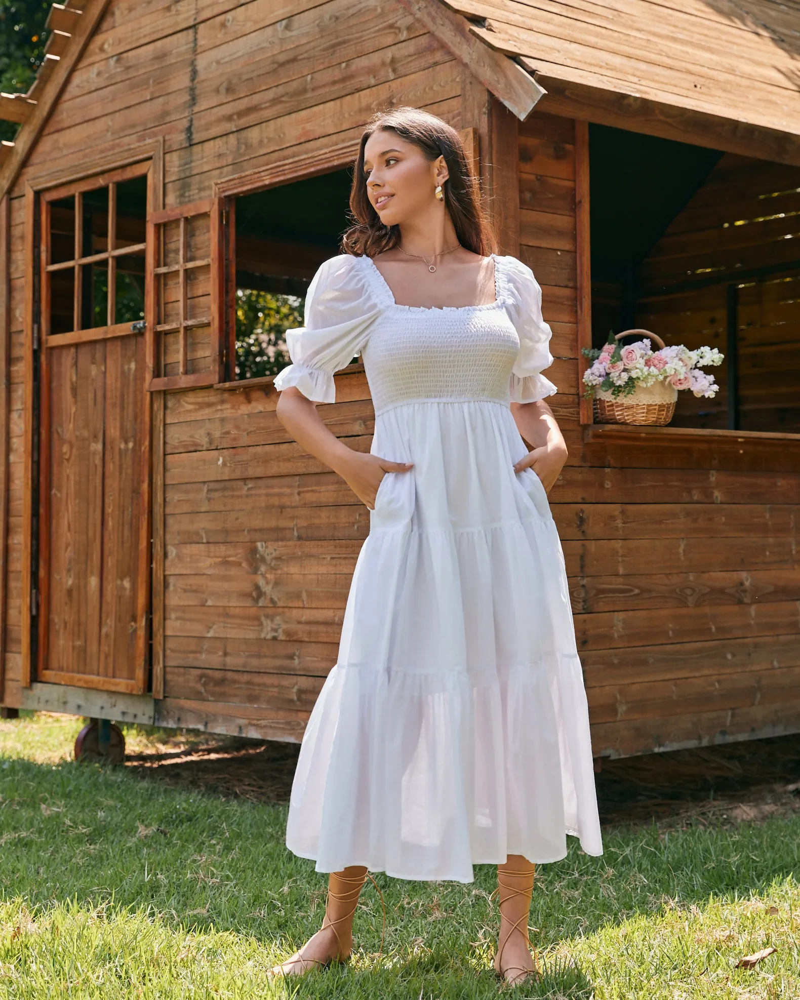 Gabrielle White Puff Sleeve Tiered Midi Dress