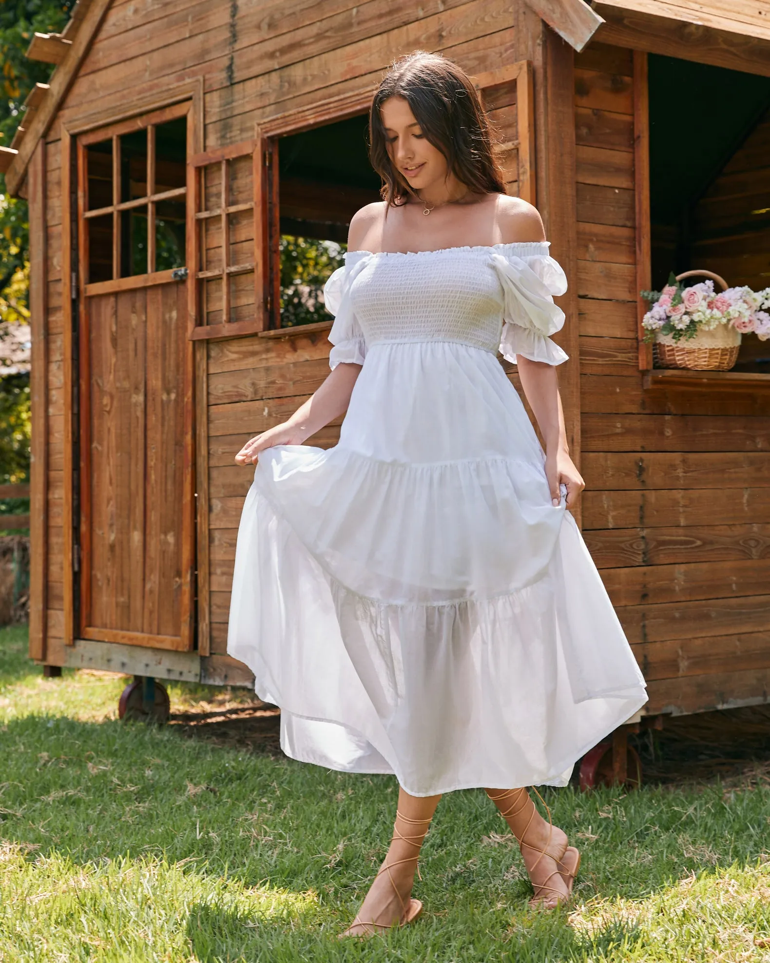 Gabrielle White Puff Sleeve Tiered Midi Dress