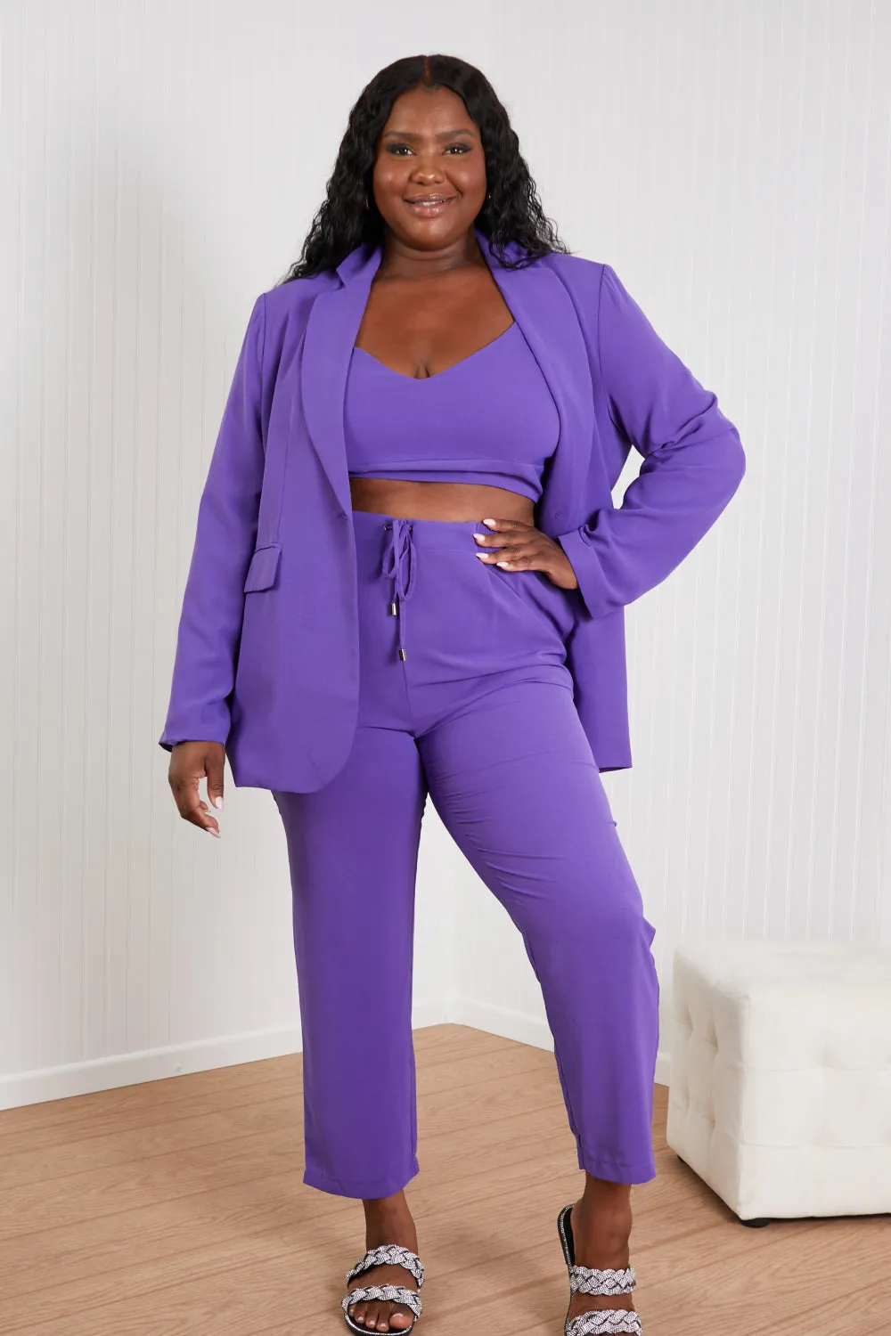 GeeGee Wall Street Full Size Bra, Blazer, and Pants Set in Purple