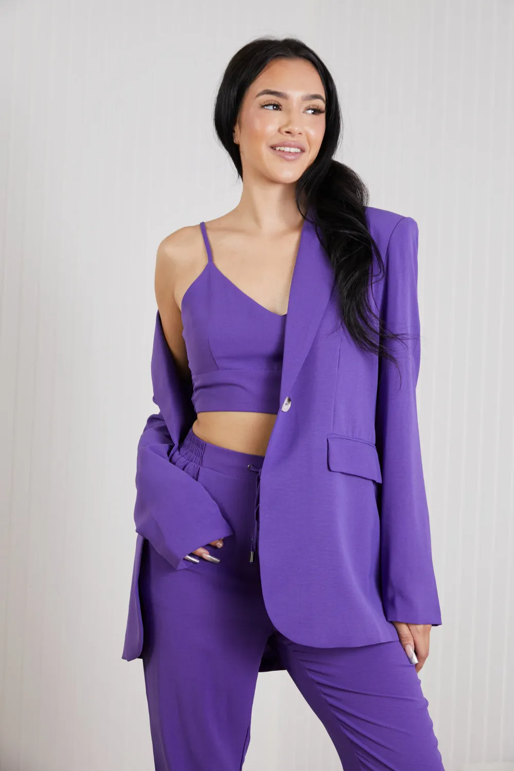 GeeGee Wall Street Full Size Bra, Blazer, and Pants Set in Purple