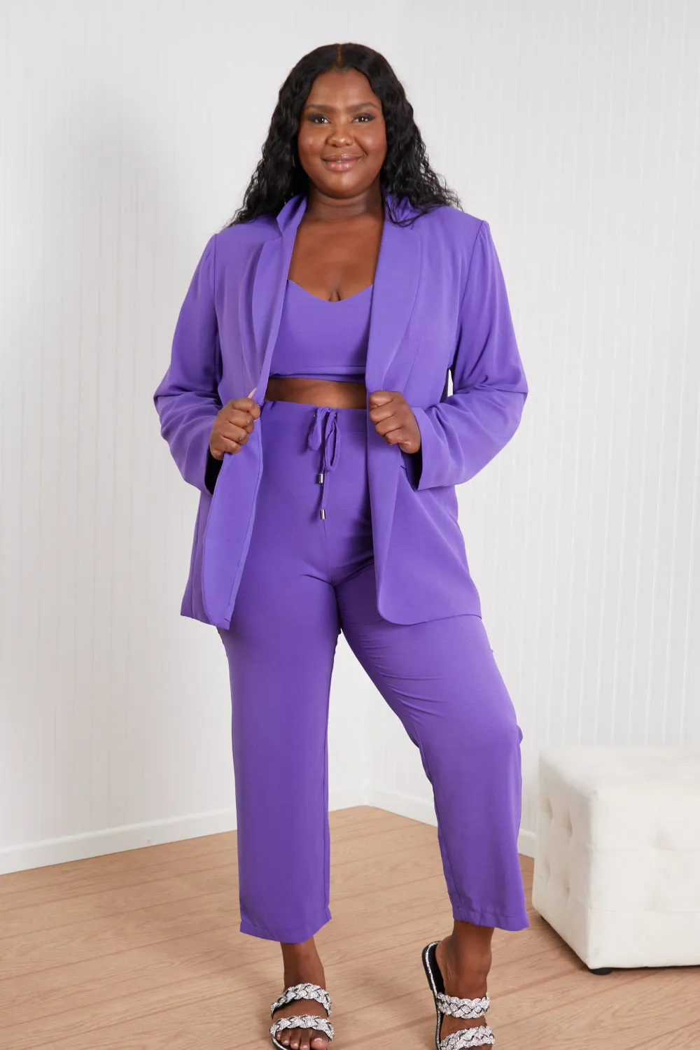 GeeGee Wall Street Full Size Bra, Blazer, and Pants Set in Purple