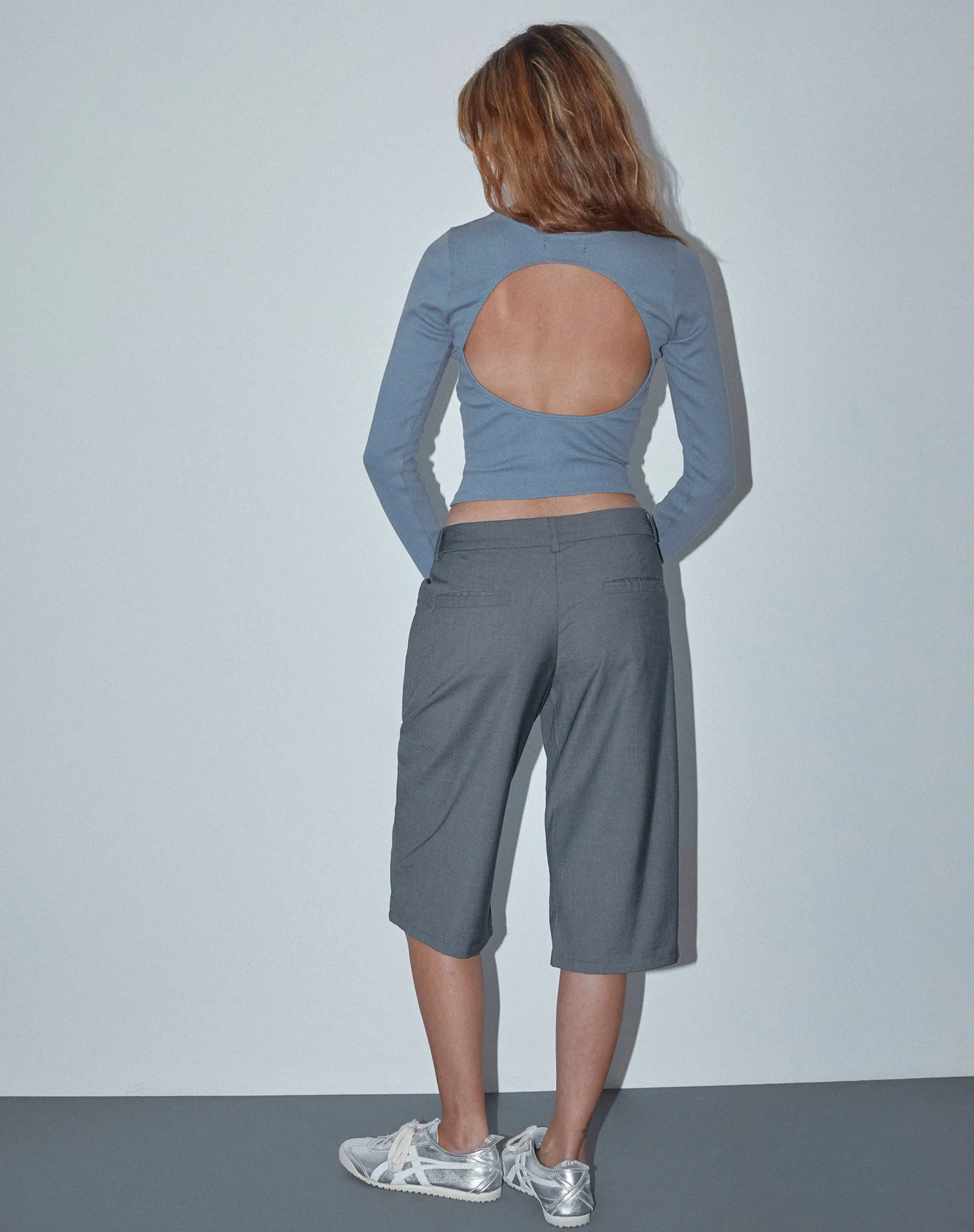 Gelbon Open Back Long Sleeve Top in Rib Powder Blue