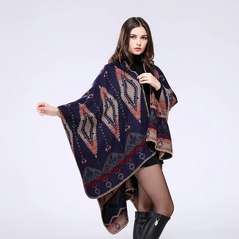 Geometric diamond thickened cashmere like national style travel split cape cape