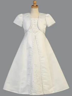 Girls  First Communion Dress w/ Bolero Satin Emimbroidered A- line