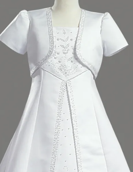 Girls  First Communion Dress w/ Bolero Satin Emimbroidered A- line