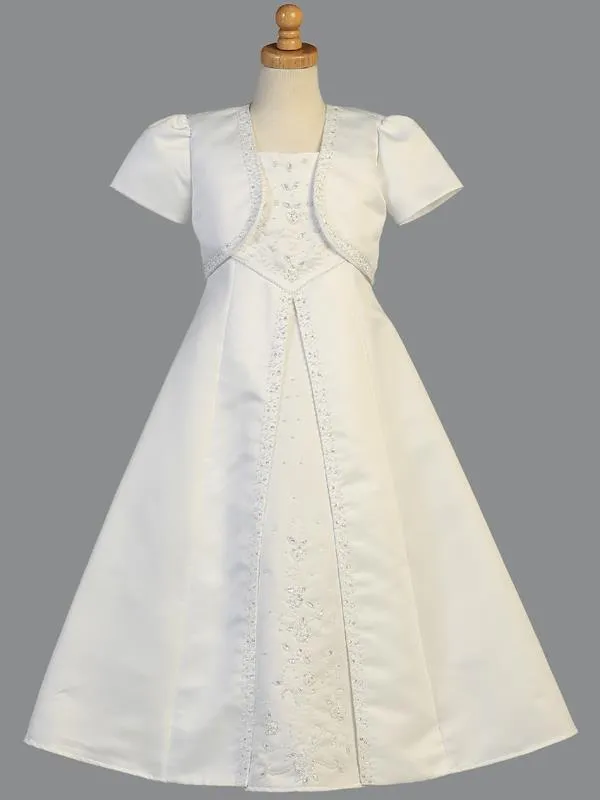 Girls  First Communion Dress w/ Bolero Satin Emimbroidered A- line