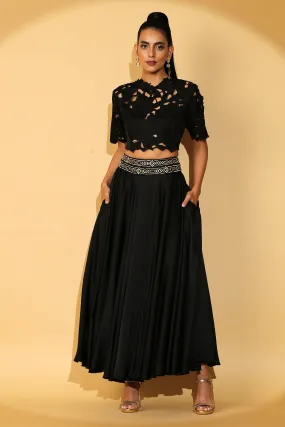 Gloria - Cutwork Crop Top with Midi Swirl Skirt