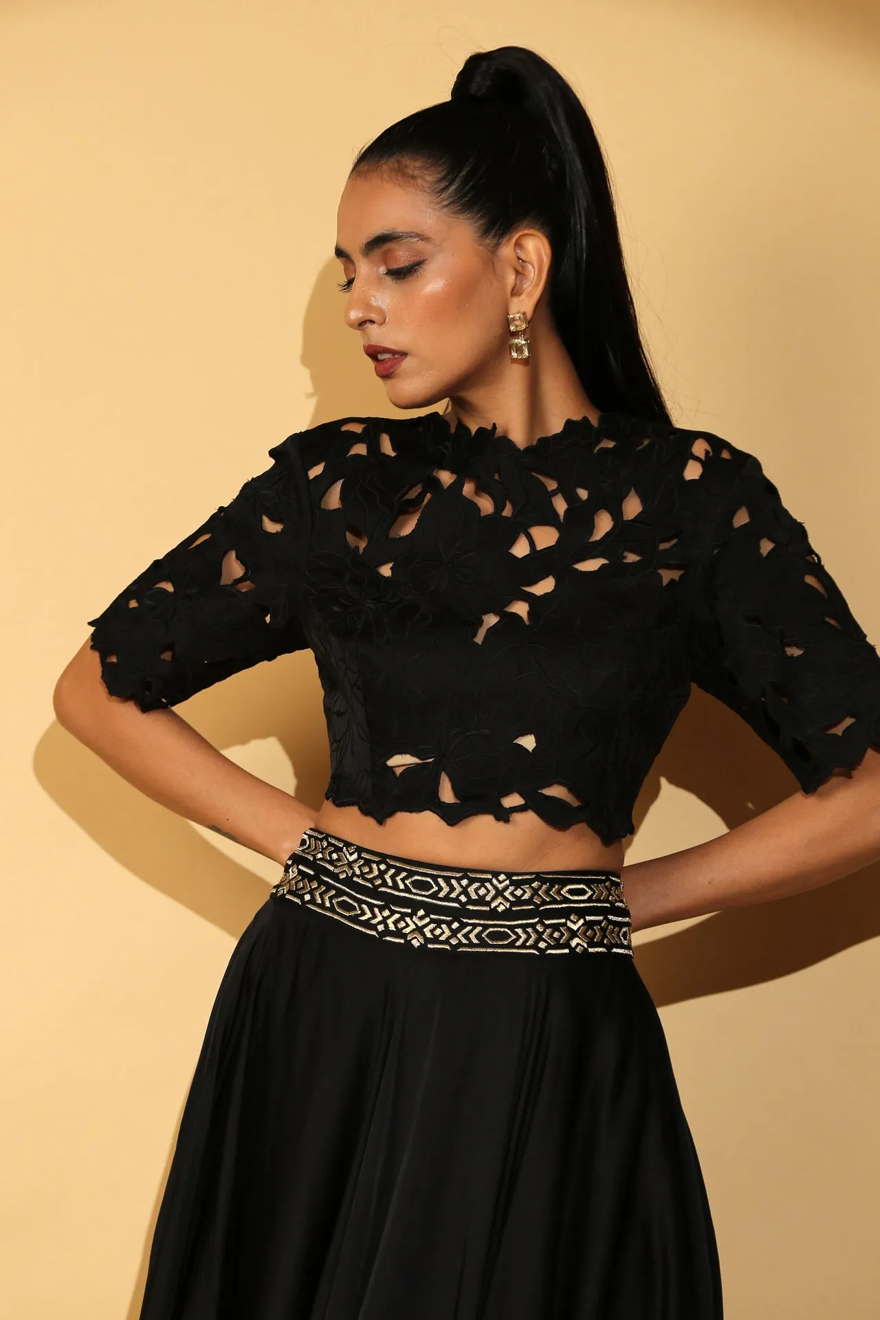 Gloria - Cutwork Crop Top with Midi Swirl Skirt