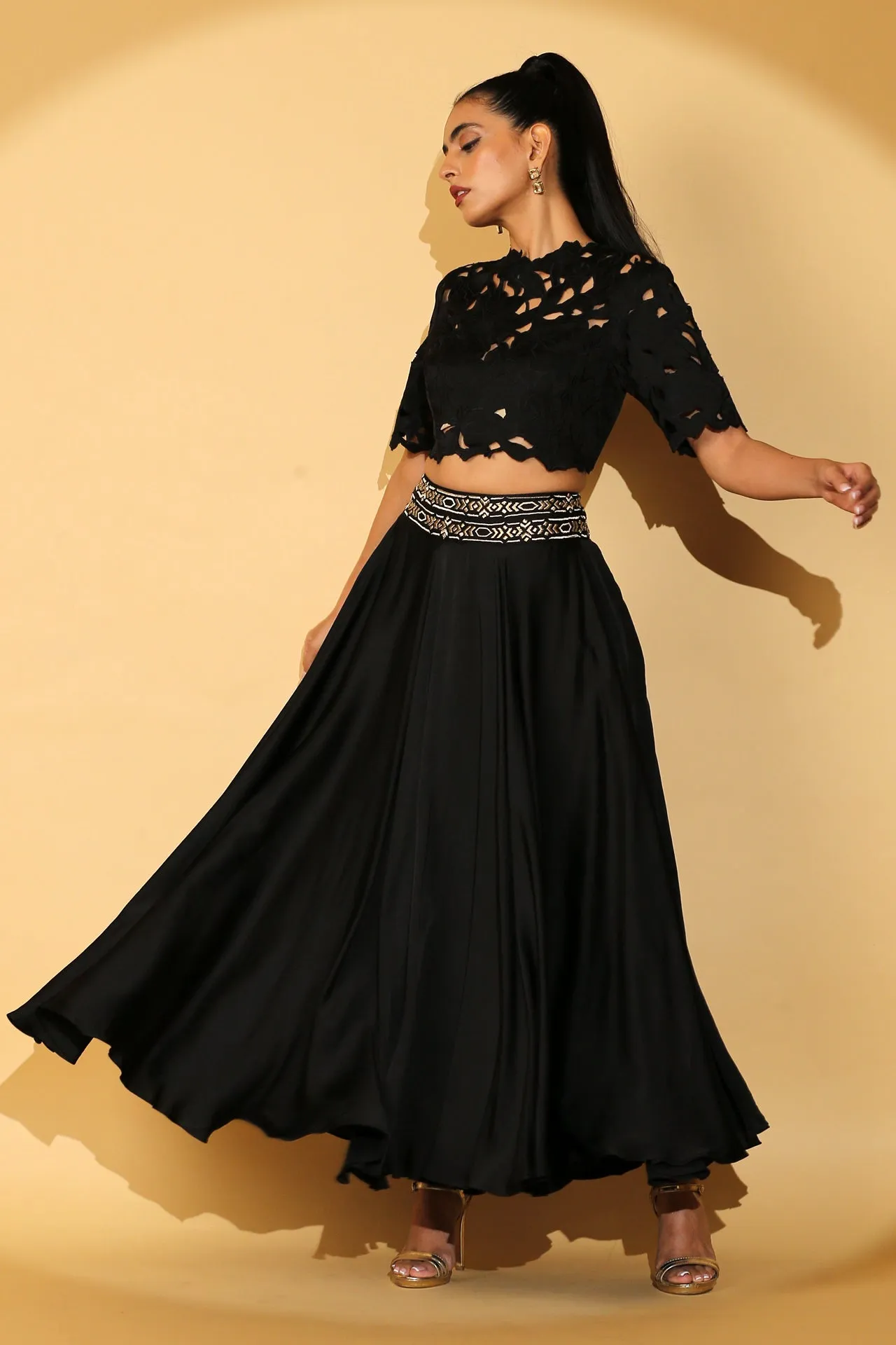 Gloria - Cutwork Crop Top with Midi Swirl Skirt