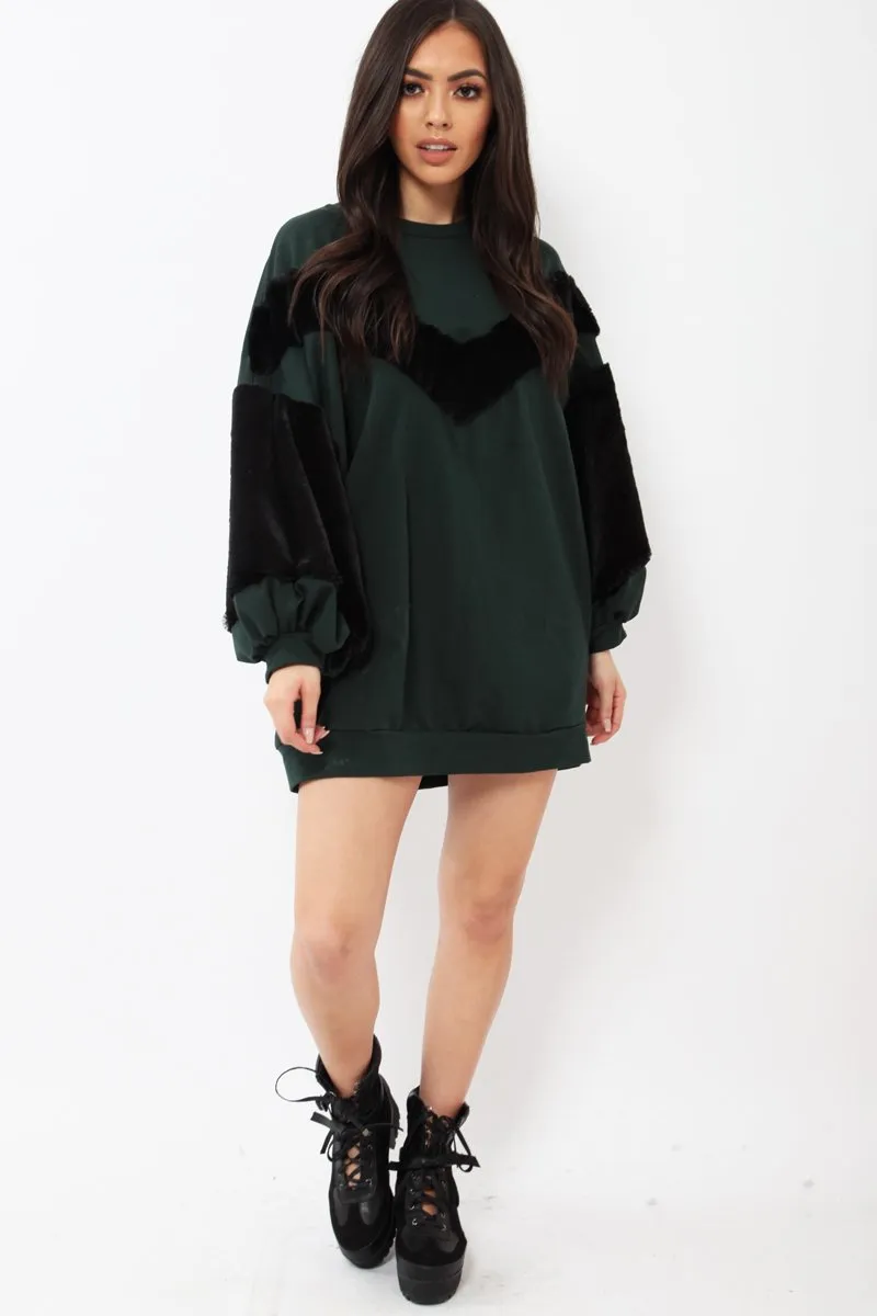 Green Chevron Fur Jumper Dress - Esme