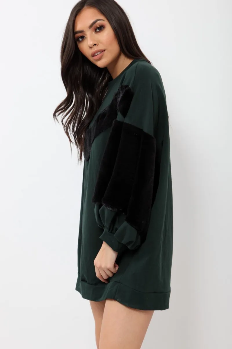 Green Chevron Fur Jumper Dress - Esme