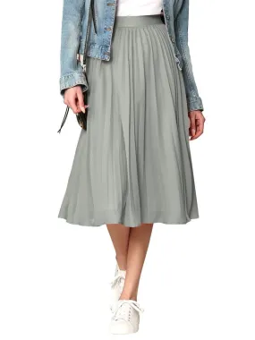 Grey High Elastic Waist Pleated Mid A-Line Swing Skirt