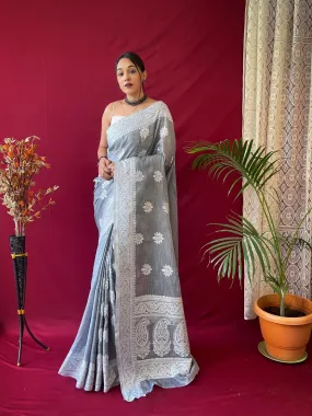 Grey Saree in Pure Linen Lucknowi