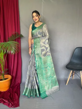 Grey with Green Saree in Linen