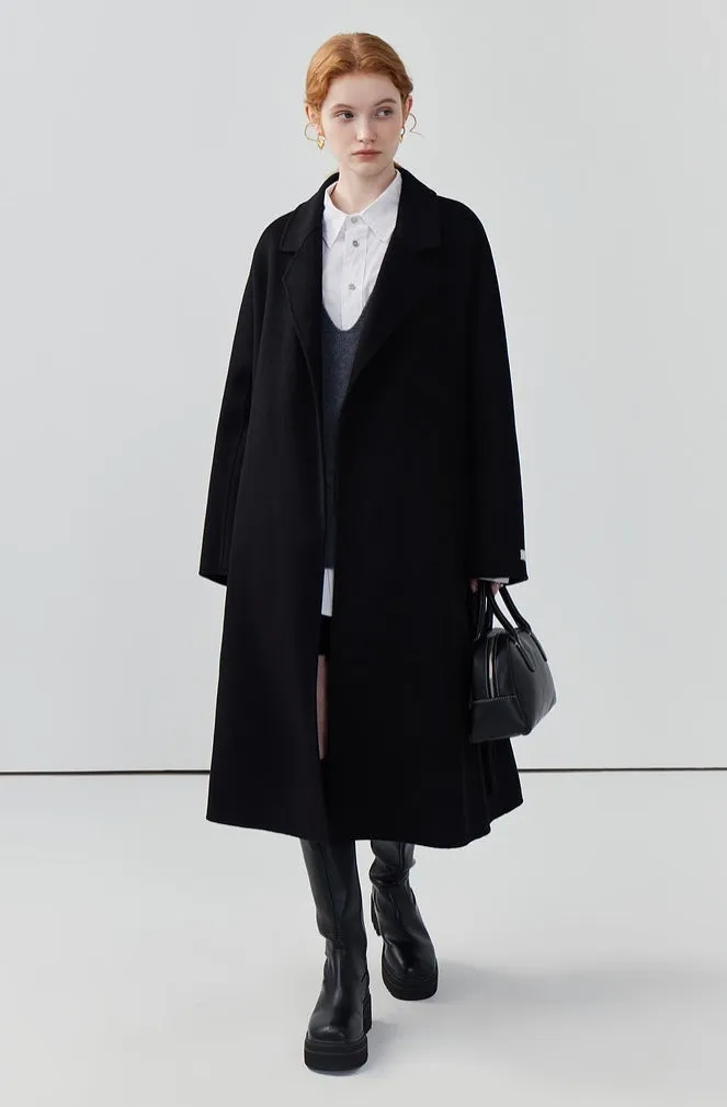 Hepburn style double-sided woolen coat, women cashmere wool solid color long coat