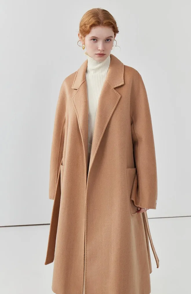 Hepburn style double-sided woolen coat, women cashmere wool solid color long coat