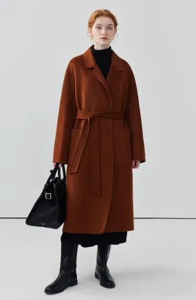 Hepburn style double-sided woolen coat, women cashmere wool solid color long coat