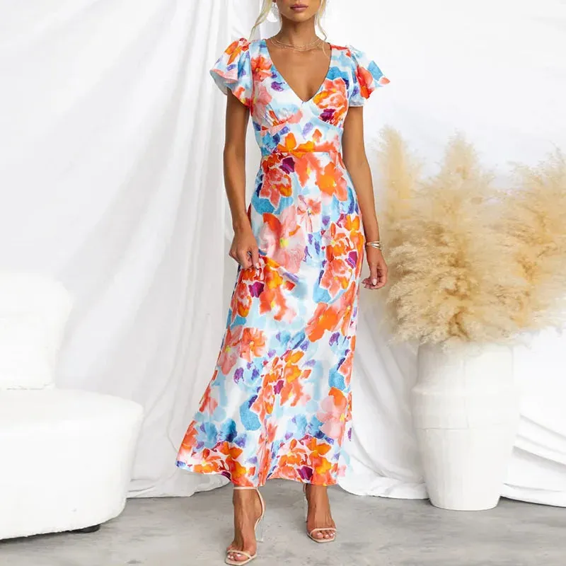 High Casual Ruffle Slim Long Elegant Floral Summer Short Dress