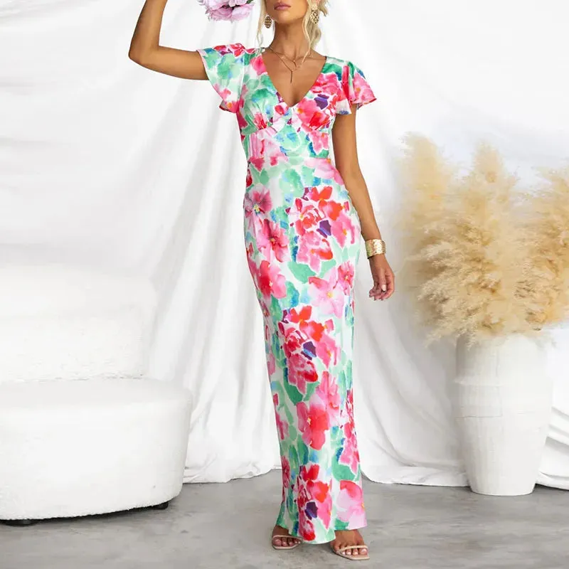 High Casual Ruffle Slim Long Elegant Floral Summer Short Dress